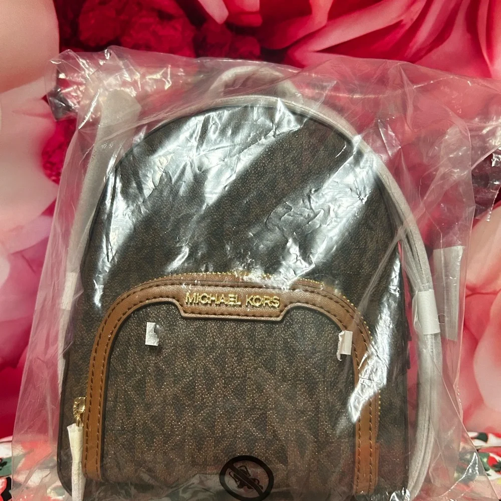 Michael Kors Brown and White Monogram Mini Backpack with Tan Trim - Picture 4 of 7